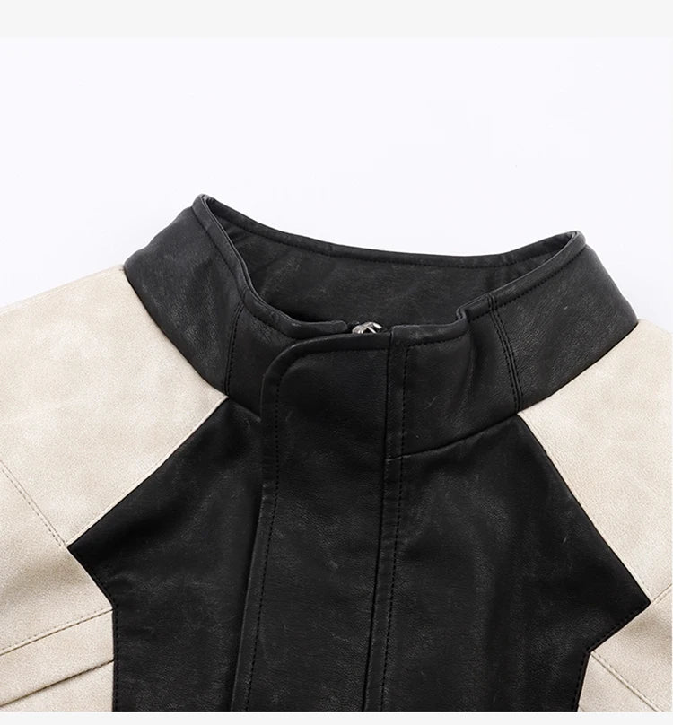 Mauroicardi Spring Autumn Cool Color Block Patchwork Pu Leather Jacket Men Zip Up Luxury Designer Clothes Runway Fashion 2023