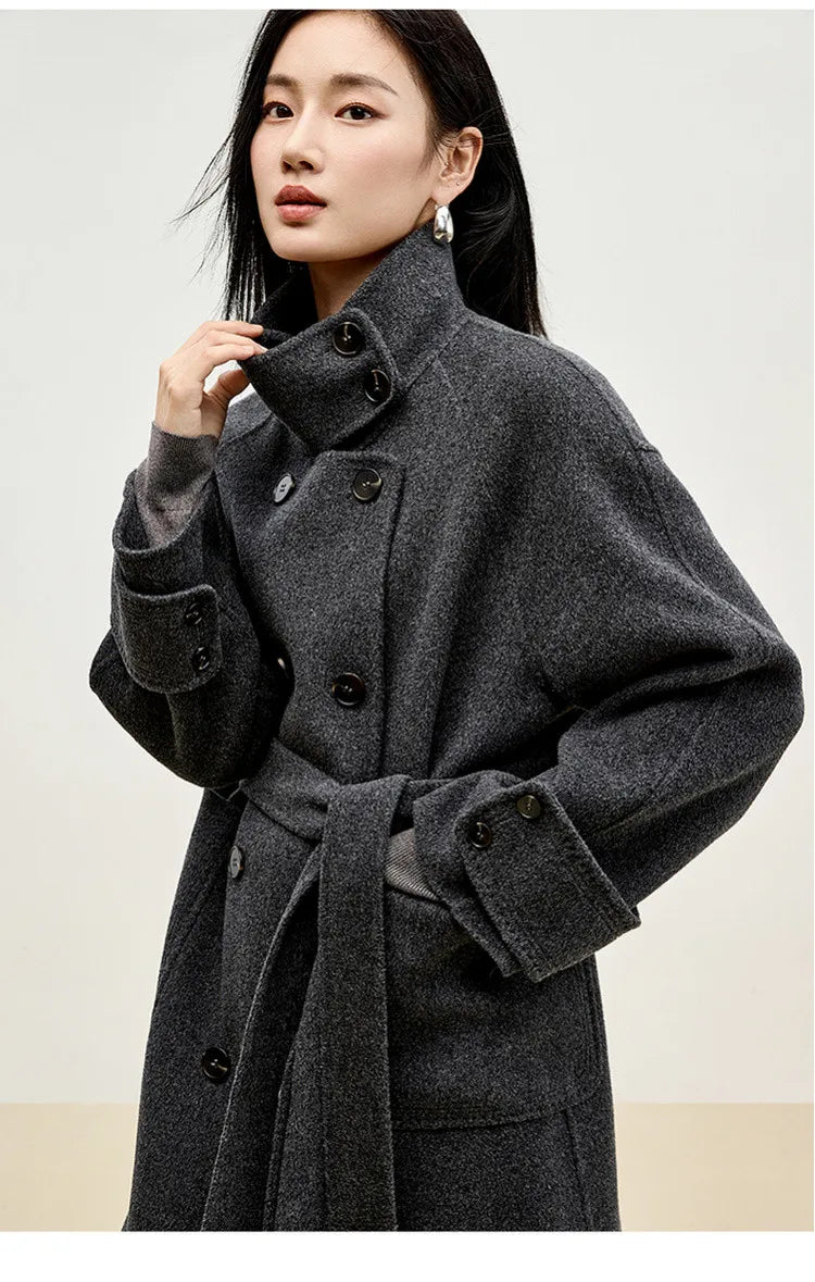 Korean Style 100% Wool Coats for Women 2024 Winter Oversize Warm Double Breasted Stand Neck Belted Outerwear W44O56385