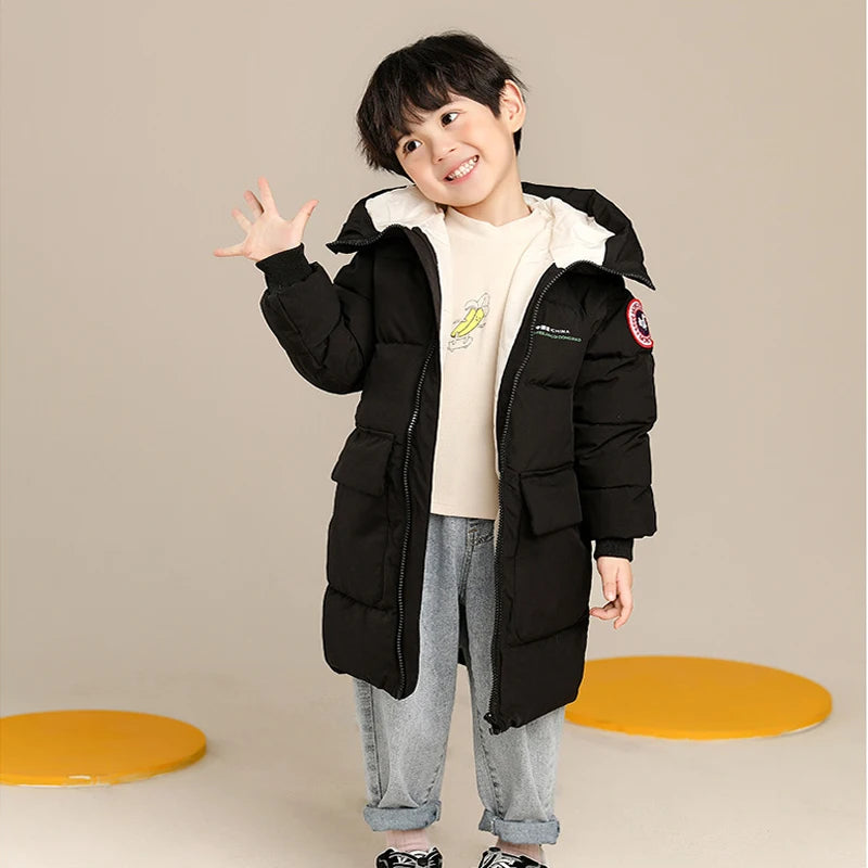 Children Down Cotton Winter Jacket Baby Boys Girls Korean Version Style Medium And Long Size Hooded Coat Baby Outerwear