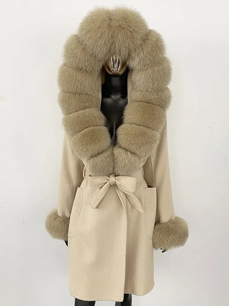 Natural Real Fox Fur Hooded Pocket Winter Jacket  100% Blends Wool Coat Women Loose Outerwear Casual Outerwear Streetwear