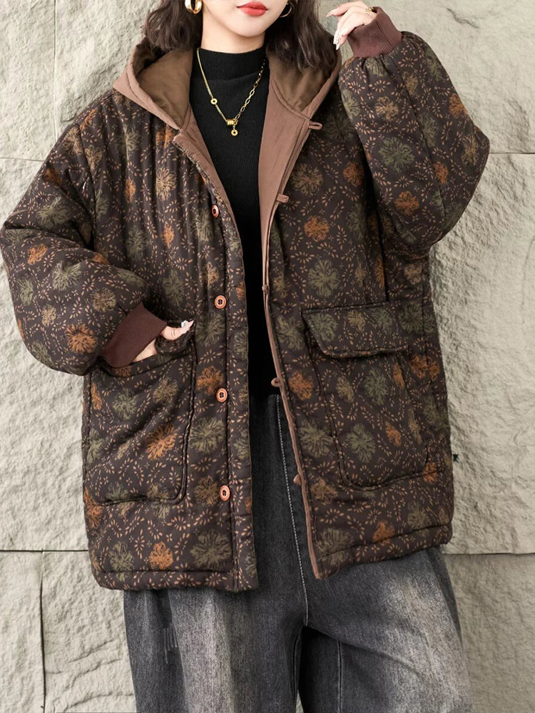 Floral Winter Warm Cotton Coats Ladies Oversized Printed Hooded Parkas Women Vintage Punk Thicken Padded Jackets