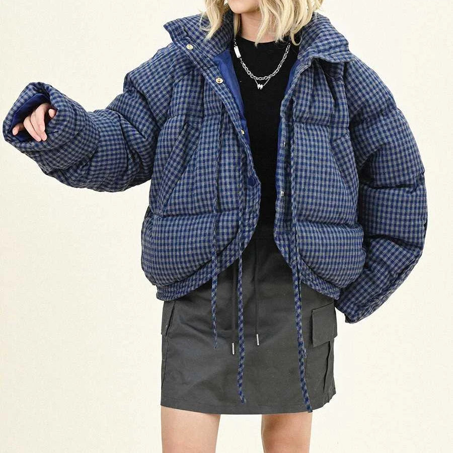 Bow Tie Plaid Short Cotton Jacket for Women in Winter Loose and Thick Cotton Padded Bread Jacket