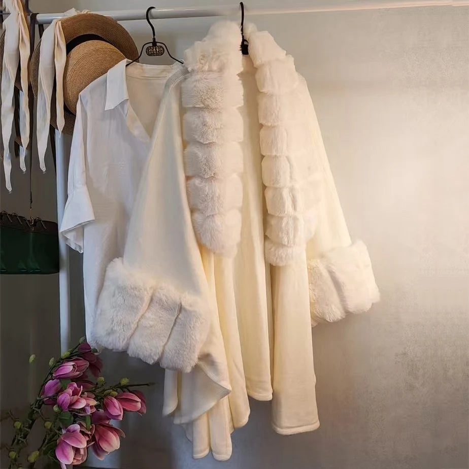 Wide Lapel Faux Rabbit Fur Cape Coat Women Winter Loose Knit Cloak Cardigan Soft Poncho Wraps Overcoat New