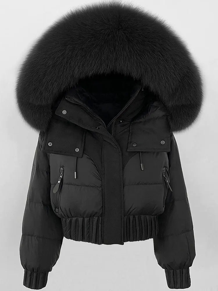 CXFS 2025 Winter Jacket Women Short Natural Real Raccoon Fox Fur Collar Hooded White Duck Down Coat Thick Warm Casual Outerwear