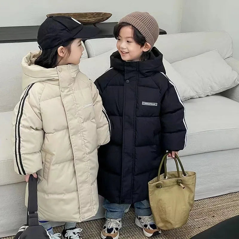 Boys Girls Cotton-Padded Coats Kids Long Down Autumn Winter Teen Cotton Clothes Outerwear Big Children Thicken Warm Jacket