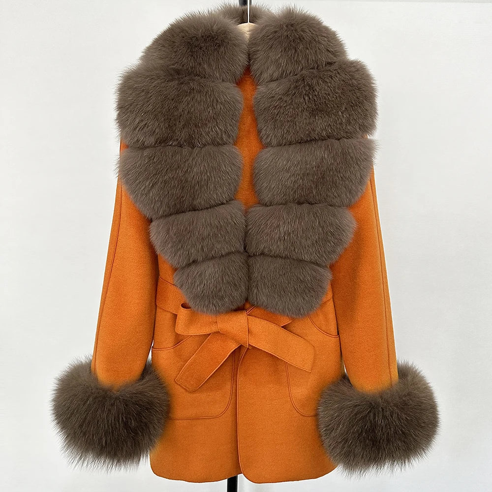 Fur Coat Natural Fur Collar Real Fox Fur Overcoat Female 2025 Autumn Winter Wool Coat Women Clothes Cuffs Woolen Jacket