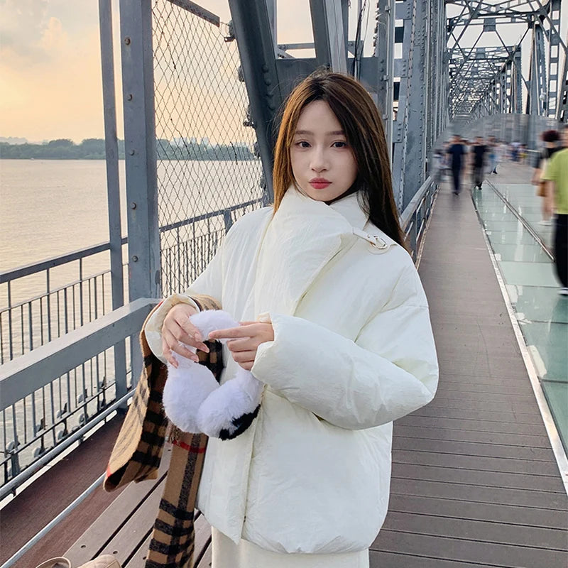 Women's Winter Lapel Puffer Jacket Loose Y2K Fashion Down Cotton Coat Woman Solid Color Casual Windproof Warm Cropped Parkas