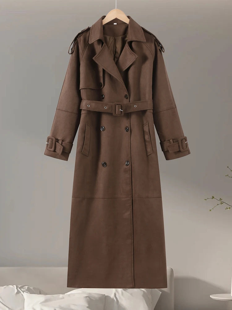 Vintage Suede Long Jackets Women Loose Lapel Double Breasted Belts Coats Female 2025 Autumn Winter Fashion Solid Thick Outwears