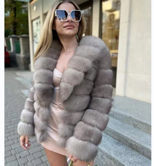 Women's Real Fox Fur Jacket with Large Lapel Detachable Sleeves Warm Stylish Winter Coat Fashionable Animal Skin Outerwear
