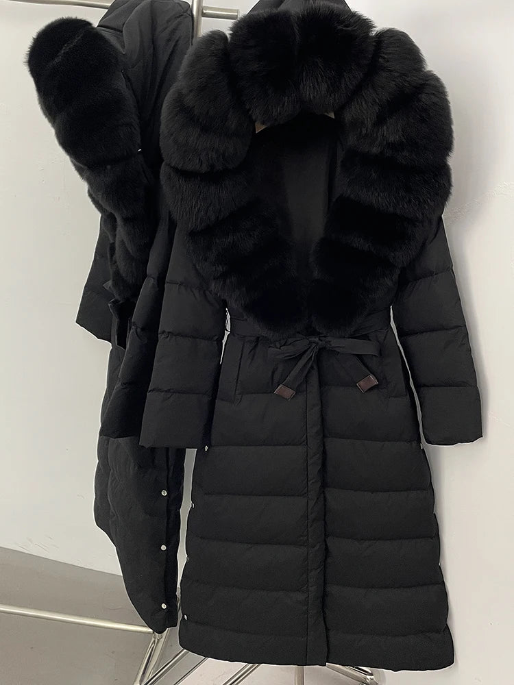Hooded Winter White Duck Down Coat Large Real Fox Fur Collar X-Long Puffer Jacket Women Thick Female Parkas With Belt