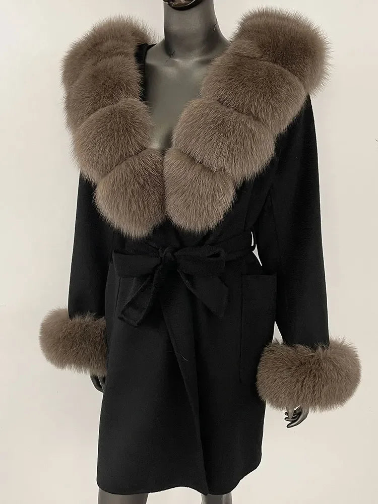 Natural Real Fox Fur Hooded Pocket Winter Jacket  100% Blends Wool Coat Women Loose Outerwear Casual Outerwear Streetwear