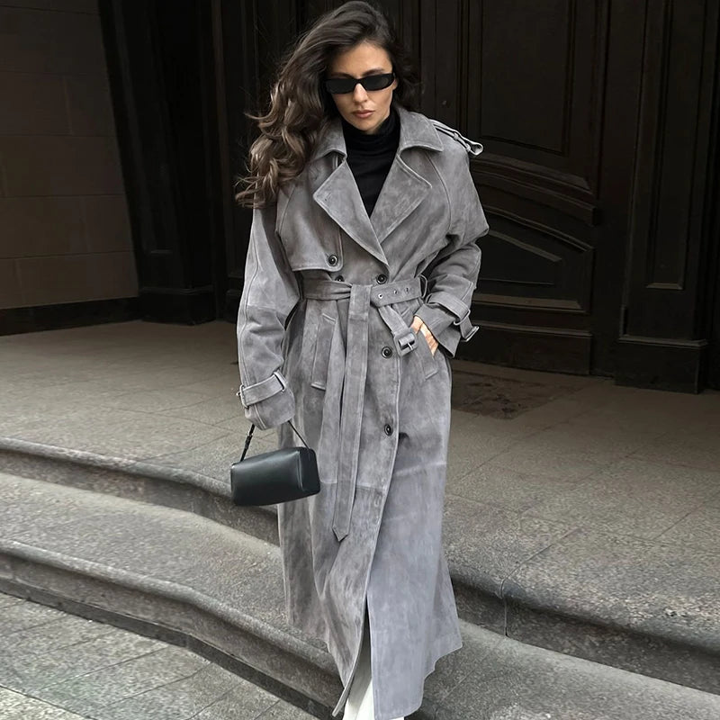 Vintage Suede Long Jackets Women Loose Lapel Double Breasted Belts Coats Female 2025 Autumn Winter Fashion Solid Thick Outwears