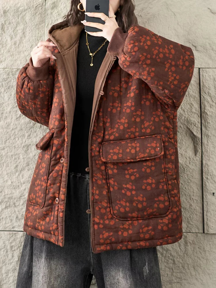 Floral Winter Warm Cotton Coats Ladies Oversized Printed Hooded Parkas Women Vintage Punk Thicken Padded Jackets