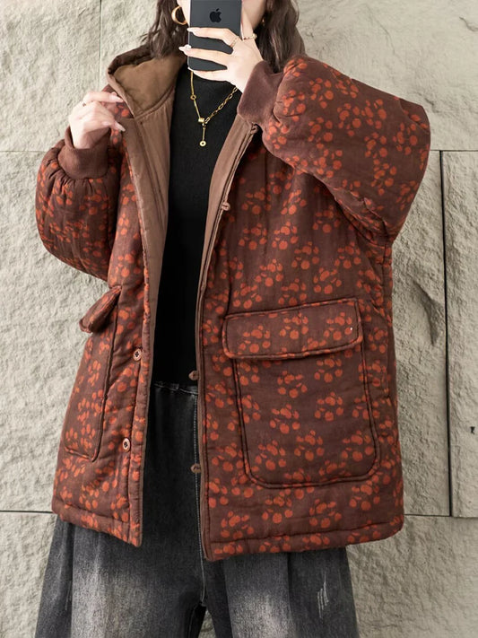 Floral Winter Warm Cotton Coats Ladies Oversized Printed Hooded Parkas Women Vintage Punk Thicken Padded Jackets