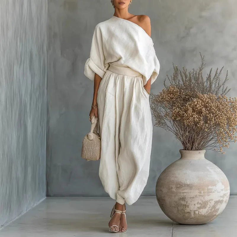 Elegant Skew Collar Top & Pencil Pants Set – Women’s Hollow Out Outfit