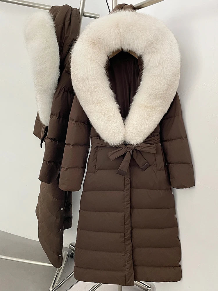 Hooded Winter White Duck Down Coat Large Real Fox Fur Collar X-Long Puffer Jacket Women Thick Female Parkas With Belt