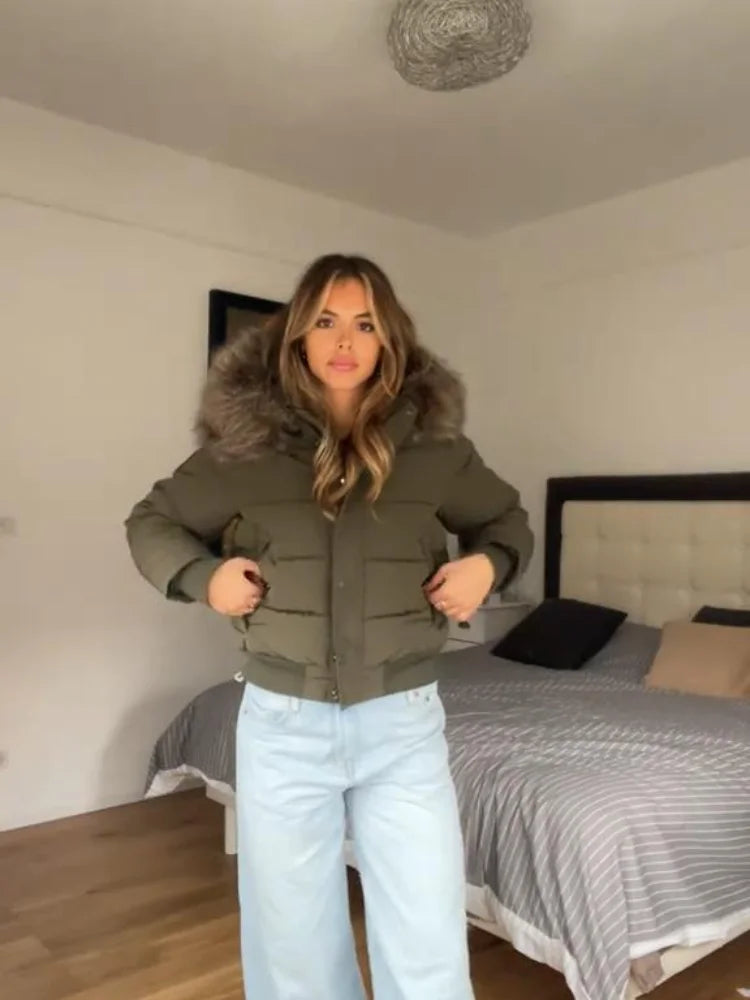 Women’s Cropped Puffer Jacket with Faux Fur Hood