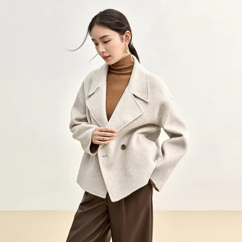Winter Short Woolen Jackets Women Outerwear 2024 Fashion Notched Collar Double Breasted Loose Coats Female W44O56123