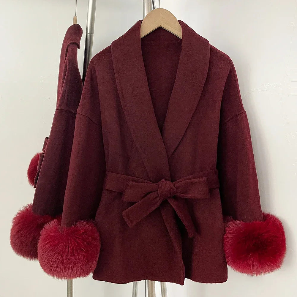 Wool Coat Faux Fur Women Overcoat Fake Fox Fur Patchwork Woolen Coat Fur Eco-friendly Lady Wool Jacket Artificial Autumn Spring