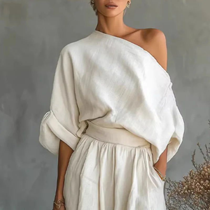 Elegant Skew Collar Top & Pencil Pants Set – Women’s Hollow Out Outfit