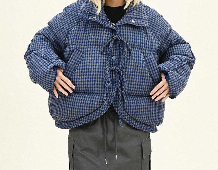 Bow Tie Plaid Short Cotton Jacket for Women in Winter Loose and Thick Cotton Padded Bread Jacket