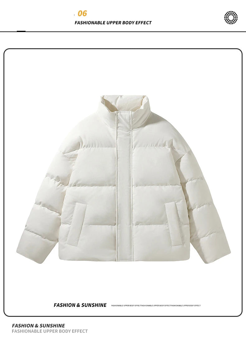 Unisex stand collar white solid color down Jacket Warm  Jackets Winter coat Loose Casual thick cotton Padded filled overCoat