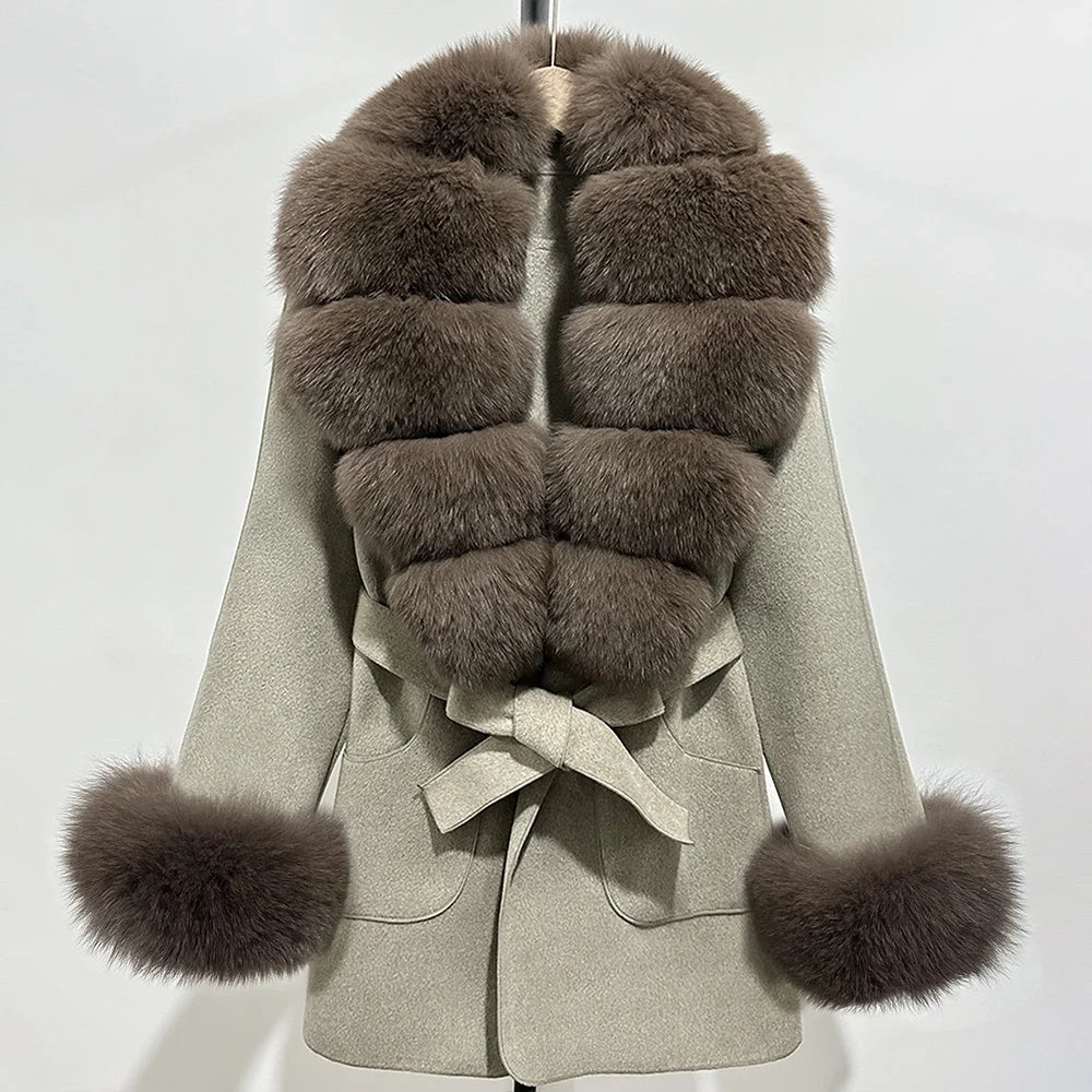 Fur Coat Natural Fur Collar Real Fox Fur Overcoat Female 2025 Autumn Winter Wool Coat Women Clothes Cuffs Woolen Jacket