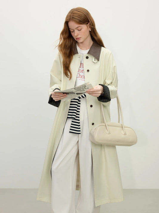 FSLE French Retro Style Color Collision Lapel Collar Long Trench 2025 Spring New Design Casual Versatile Commuter Coat 25FS11109