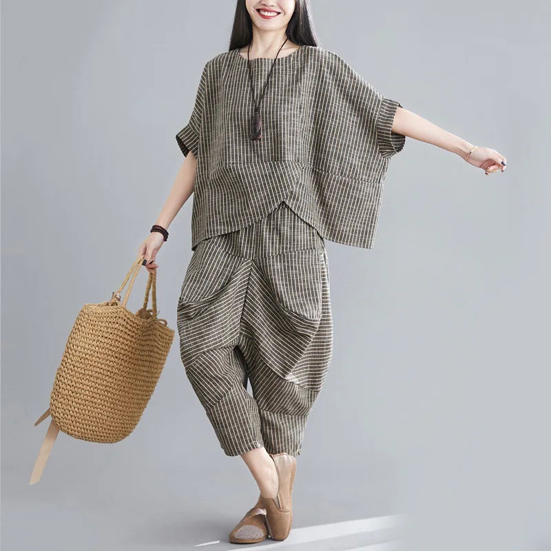 Summer Minimalist Stripe Batwing Top & High-Waist Cropped Pants Set – Casual Comfort for Women