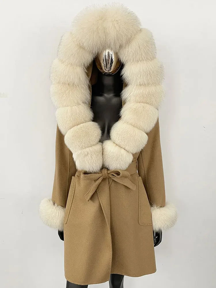 Natural Real Fox Fur Hooded Pocket Winter Jacket  100% Blends Wool Coat Women Loose Outerwear Casual Outerwear Streetwear